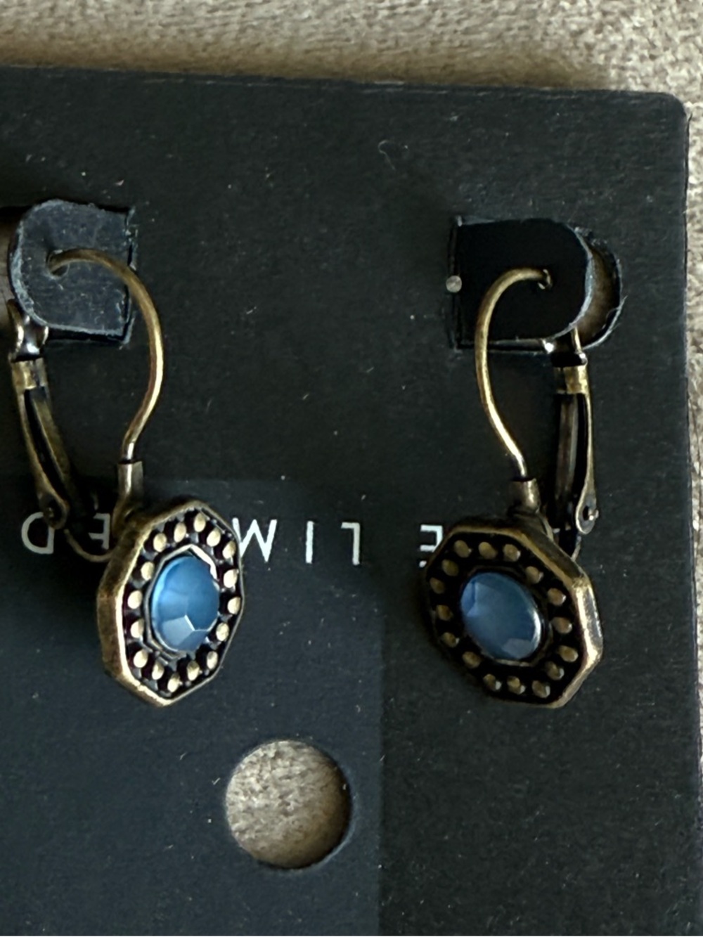 The Limited Blue Stone Brass Hex Drop Earrings